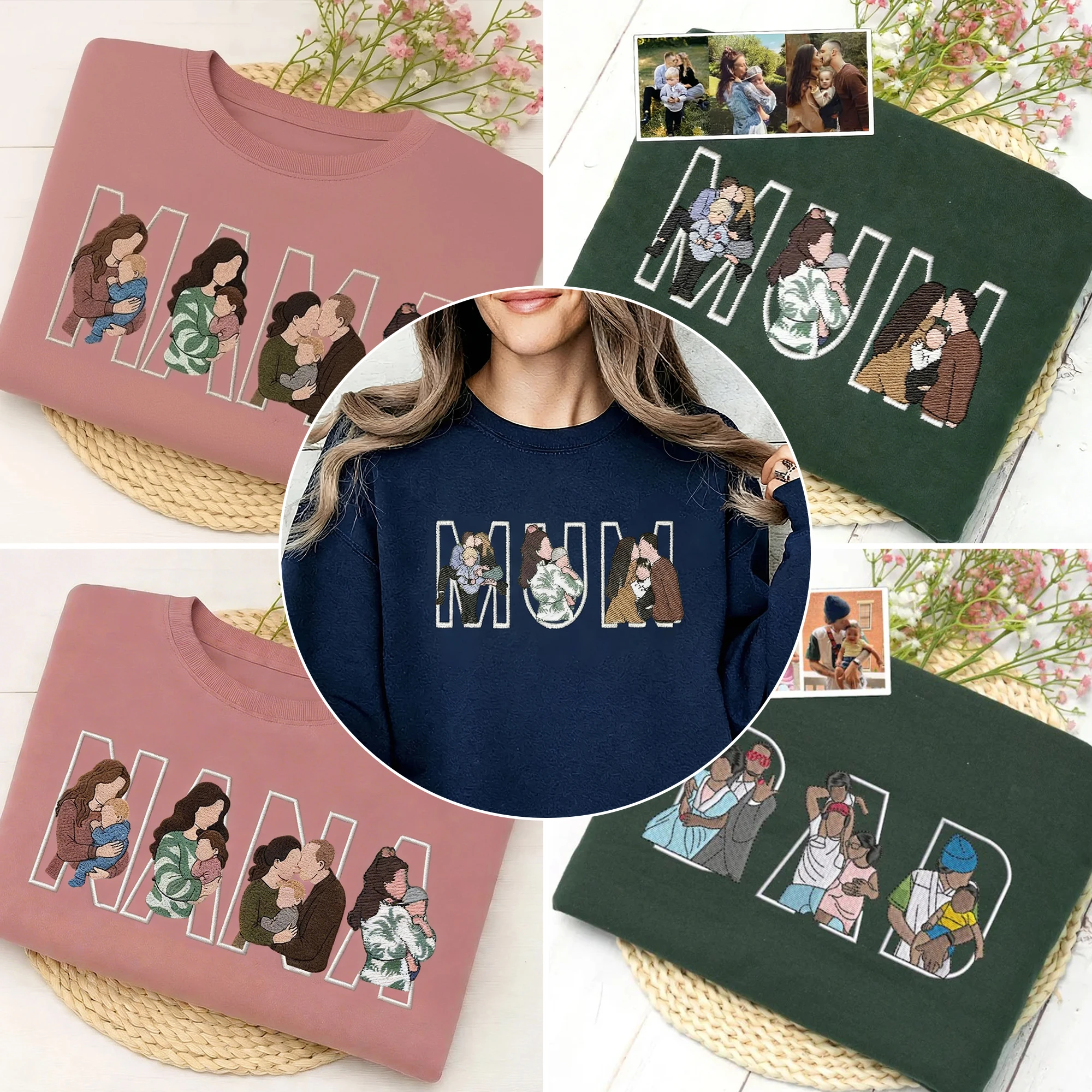 Custom Photo Portrait Embroidery Sweatshirt/Hoodie, Gift For Dad/Mama/Family