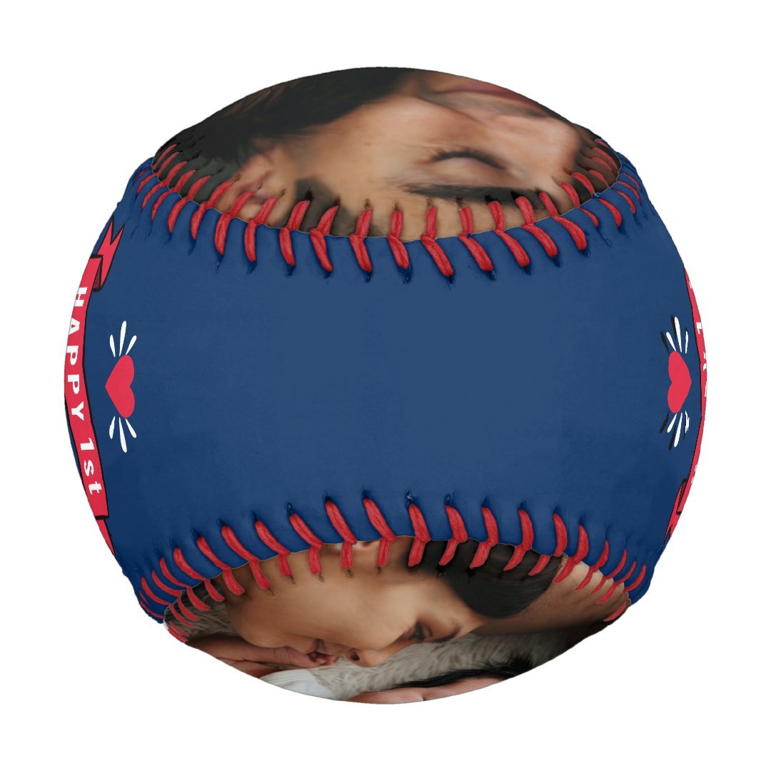 Modern 1st Fathers Day Baby Photo Typography Blue Baseball And Softball