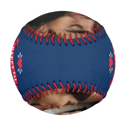 Modern 1st Fathers Day Baby Photo Typography Blue Baseball And Softball