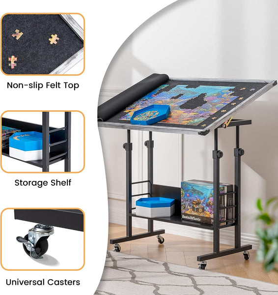 Jigsaw Puzzle Table with Legs 1500 Piece, Adjustable Puzzle Stand Up Board with 5 Tilting Angle & Height Adjustment,  Jigsaw Storage Board with Cover Mat