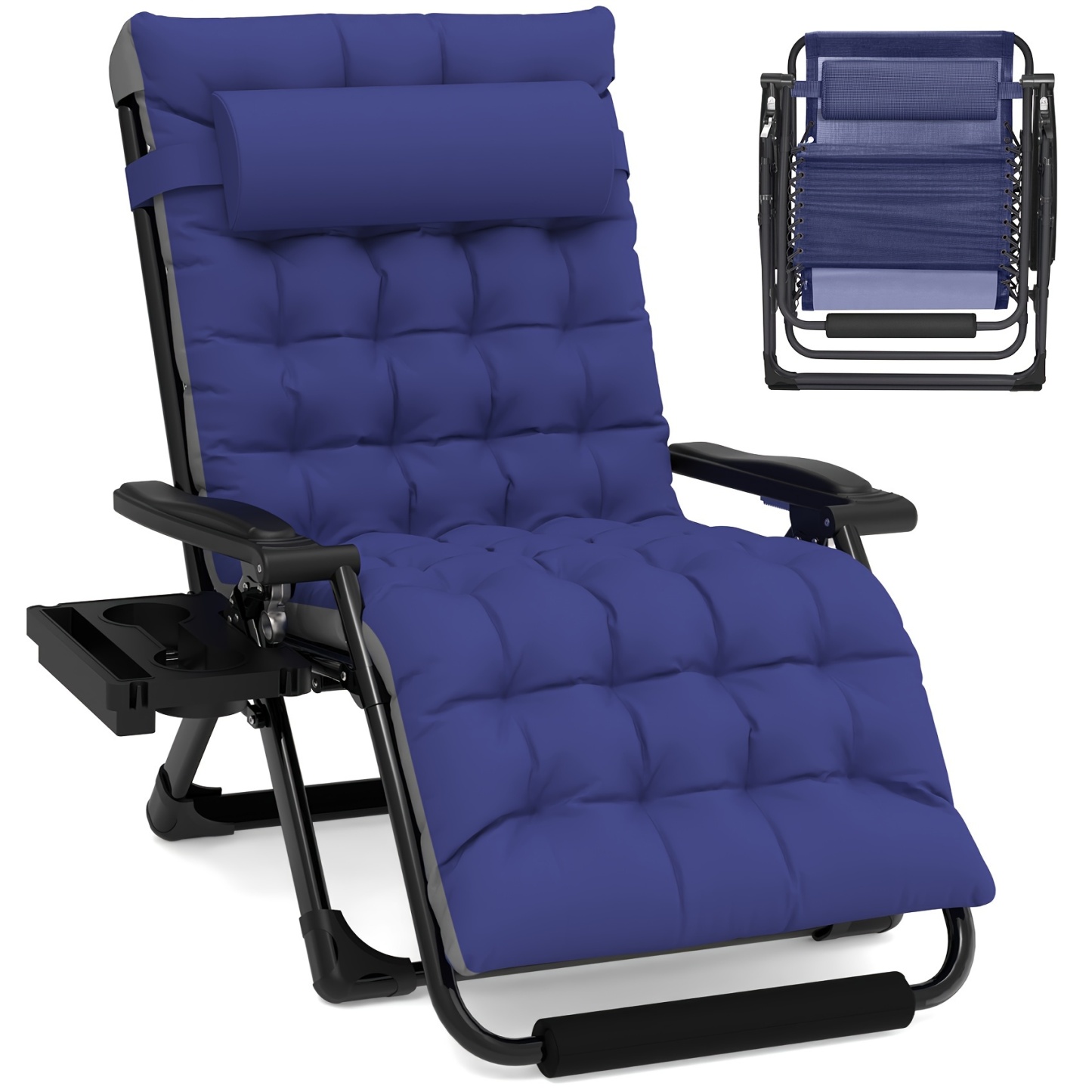 Zero Gravity Chair - 33In Padded Lawn Recliner with Aluminum Alloy Lock, Headrest, Cup Holder, Folding Patio Design, Supports 500lbs