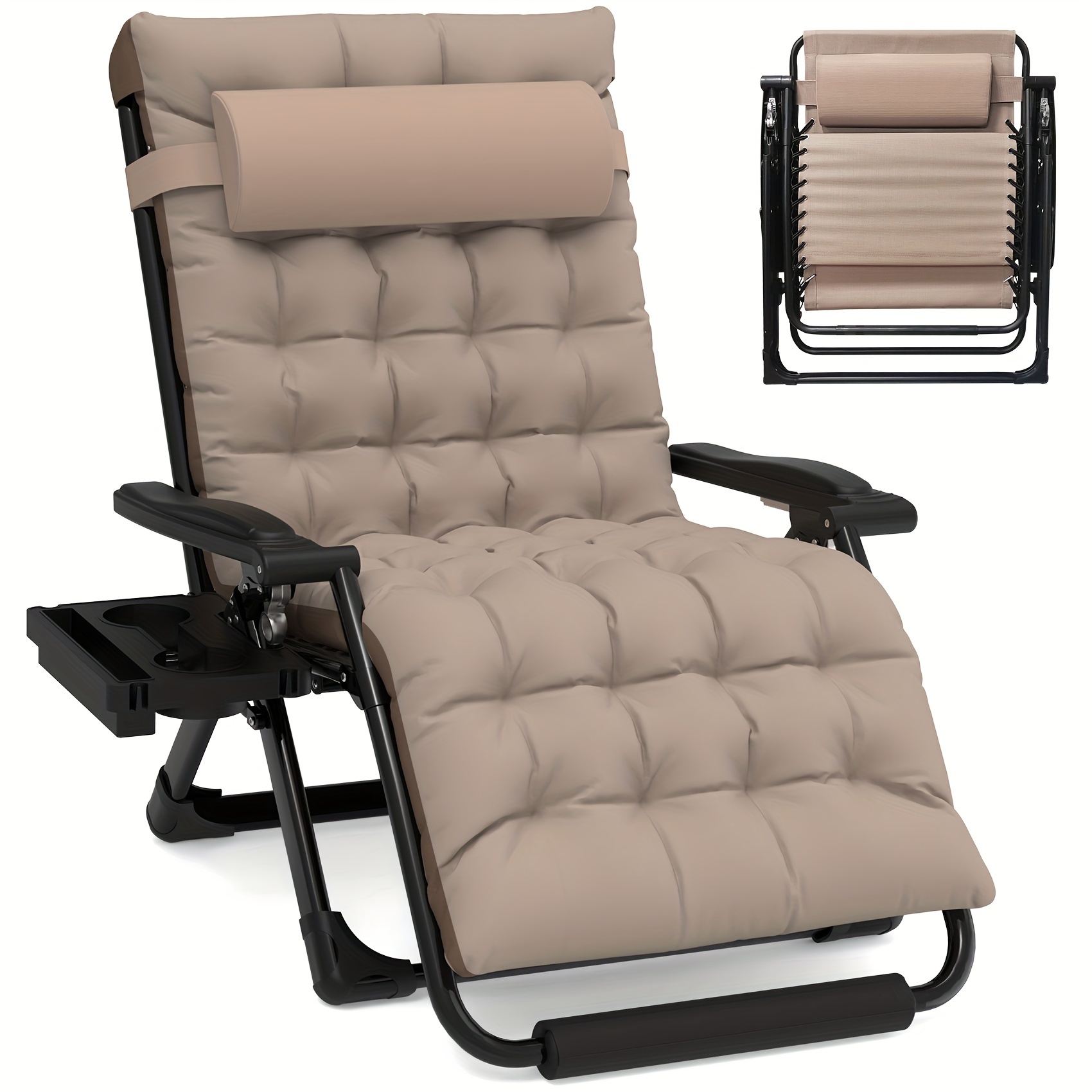 Zero Gravity Chair - 33In Padded Lawn Recliner with Aluminum Alloy Lock, Headrest, Cup Holder, Folding Patio Design, Supports 500lbs