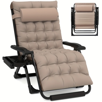 Zero Gravity Chair - 33In Padded Lawn Recliner with Aluminum Alloy Lock, Headrest, Cup Holder, Folding Patio Design, Supports 500lbs