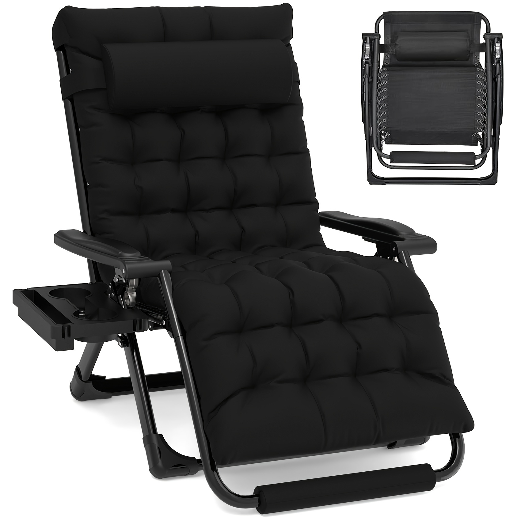 Zero Gravity Chair - 33In Padded Lawn Recliner with Aluminum Alloy Lock, Headrest, Cup Holder, Folding Patio Design, Supports 500lbs