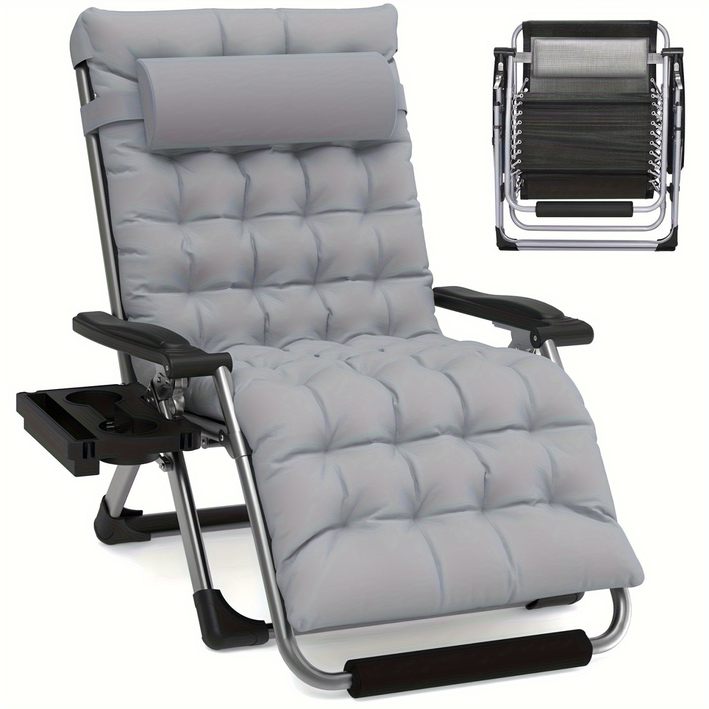 Zero Gravity Chair - 33In Padded Lawn Recliner with Aluminum Alloy Lock, Headrest, Cup Holder, Folding Patio Design, Supports 500lbs