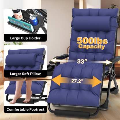Zero Gravity Chair - 33In Padded Lawn Recliner with Aluminum Alloy Lock, Headrest, Cup Holder, Folding Patio Design, Supports 500lbs