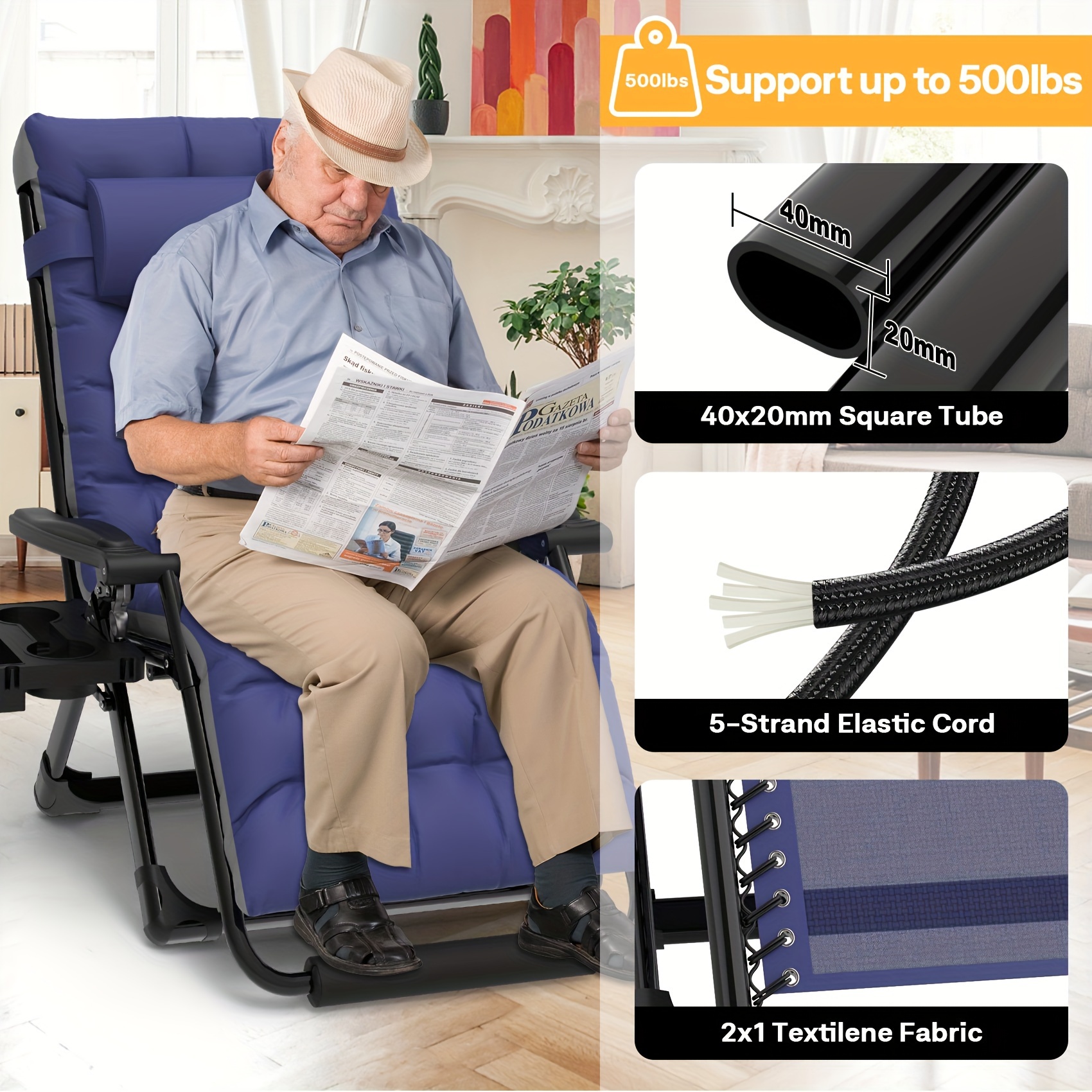 Zero Gravity Chair - 33In Padded Lawn Recliner with Aluminum Alloy Lock, Headrest, Cup Holder, Folding Patio Design, Supports 500lbs