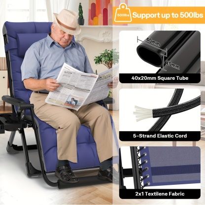 Zero Gravity Chair - 33In Padded Lawn Recliner with Aluminum Alloy Lock, Headrest, Cup Holder, Folding Patio Design, Supports 500lbs