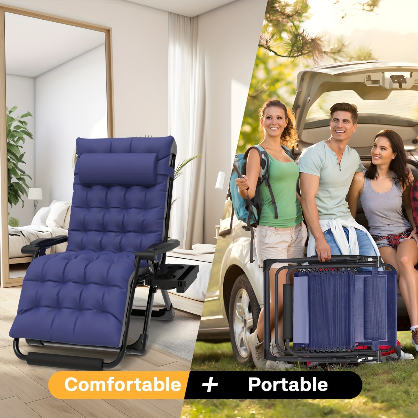 Zero Gravity Chair - 33In Padded Lawn Recliner with Aluminum Alloy Lock, Headrest, Cup Holder, Folding Patio Design, Supports 500lbs