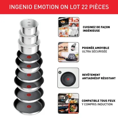 Tefal Ingenio Emotion On, Set 22 pièces, Inox, Empilable, L897SM04