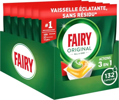 Fairy Original Tablettes Lave-Vaisselle Tout En 1,Citron, 132 Capsules, Efficaces Contre Graisse Incrustée, Dissolution Ultra-Rapide, Protection Verre et Argent, Sans Odeurs
