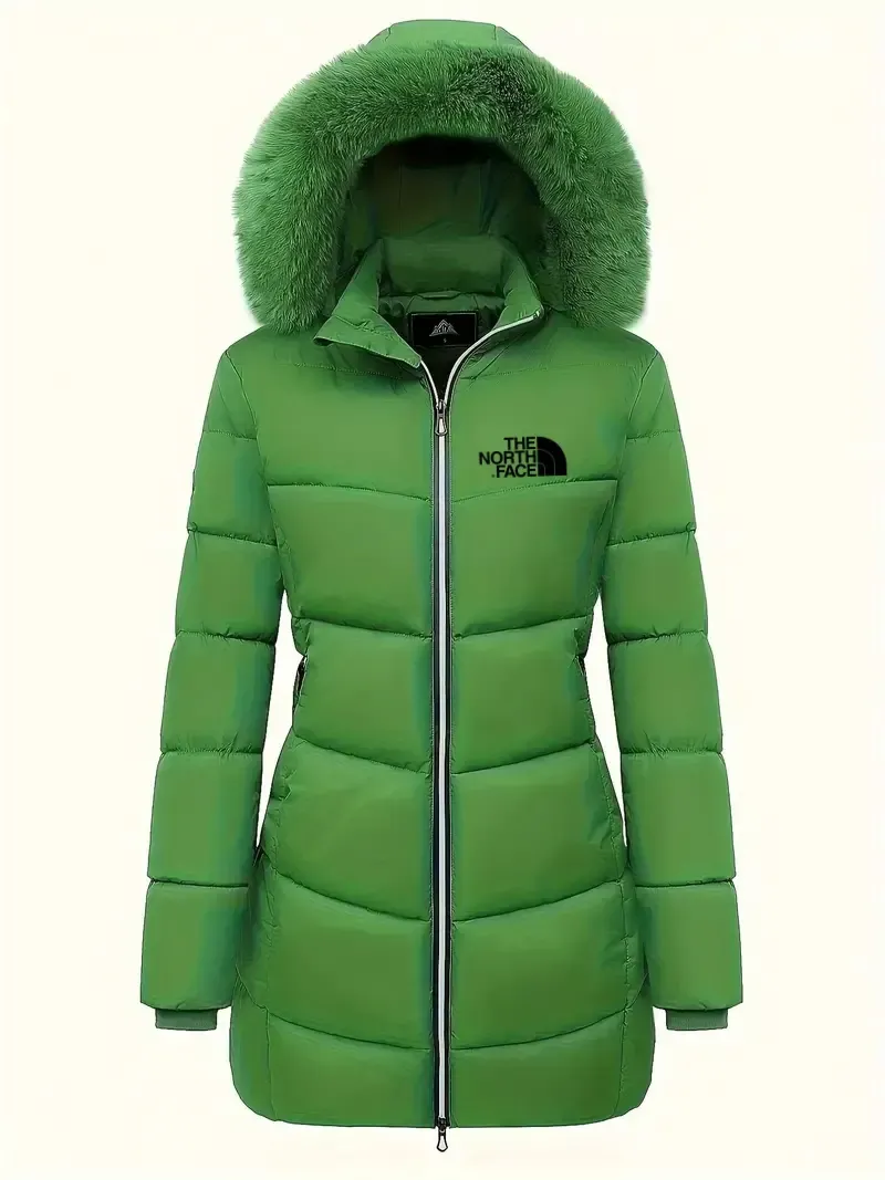 2024 THE NORthtTH FACE-Zipper Fur Lined Hooded Down Jacket Casual Warm Long Sleeve Fur Lined Warm Autumn and Winter Women's Clothing