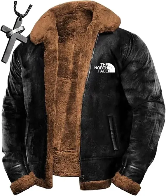 2024 THE NORthtTH FACEWool bomber jacket Leather sherpa lined jacket Heavy suede warm winter motorcycle jacket + (necklace)