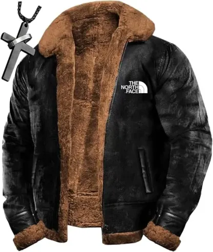 2024 THE NORthtTH FACEWool bomber jacket Leather sherpa lined jacket Heavy suede warm winter motorcycle jacket + (necklace)