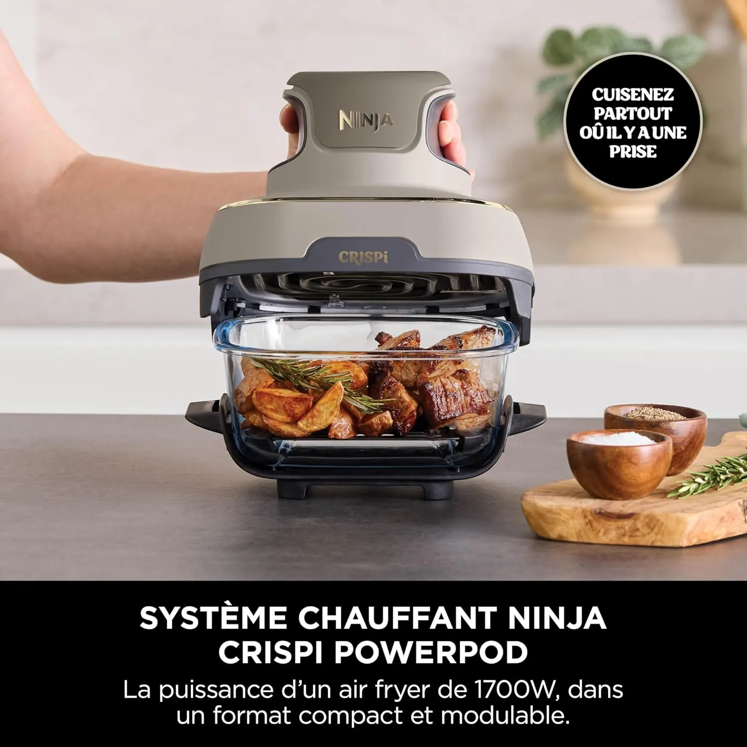 Ninja CRISPi Friteuse sans huile portable, 3,8L, 4-en-1 : Frire sans huile, Rôtir, Garder au chaud, Recroustiller, Design compact, 2 récipients avec couvercles, 1 700 W, Stone/or FN101EUSTGD