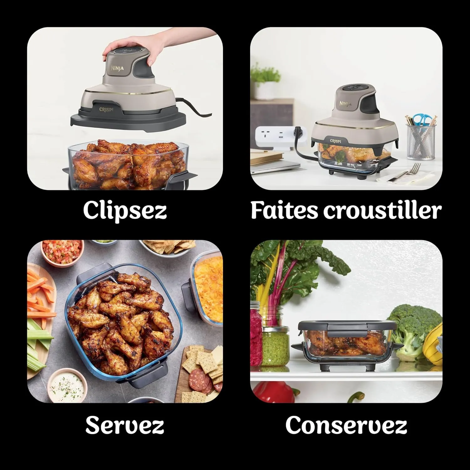 Ninja CRISPi Friteuse sans huile portable, 3,8L, 4-en-1 : Frire sans huile, Rôtir, Garder au chaud, Recroustiller, Design compact, 2 récipients avec couvercles, 1 700 W, Stone/or FN101EUSTGD