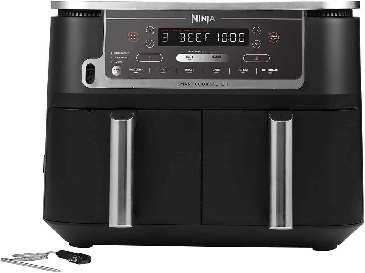 Ninja Foodi MAX Dual Zone Air Fryer, Amazon Exclusive, Tongs, 2 Drawers, 9.5L, 6-in-1, Use No Oil, Air Fry, Max Crisp, Roast, Bake, 8 Portions, Nonstick Dishwasher Safe Baskets, Copper/Black AF400UKCP