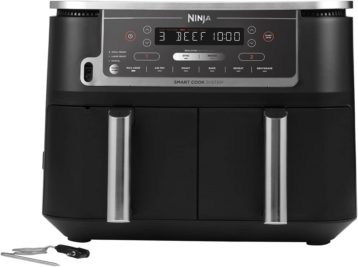 Ninja Foodi MAX Dual Zone Air Fryer, Amazon Exclusive, Tongs, 2 Drawers, 9.5L, 6-in-1, Use No Oil, Air Fry, Max Crisp, Roast, Bake, 8 Portions, Nonstick Dishwasher Safe Baskets, Copper/Black AF400UKCP