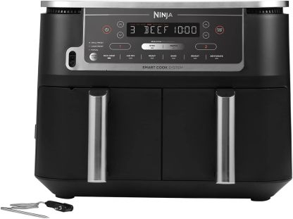 Ninja Foodi MAX Dual Zone Air Fryer, Amazon Exclusive, Tongs, 2 Drawers, 9.5L, 6-in-1, Use No Oil, Air Fry, Max Crisp, Roast, Bake, 8 Portions, Nonstick Dishwasher Safe Baskets, Copper/Black AF400UKCP