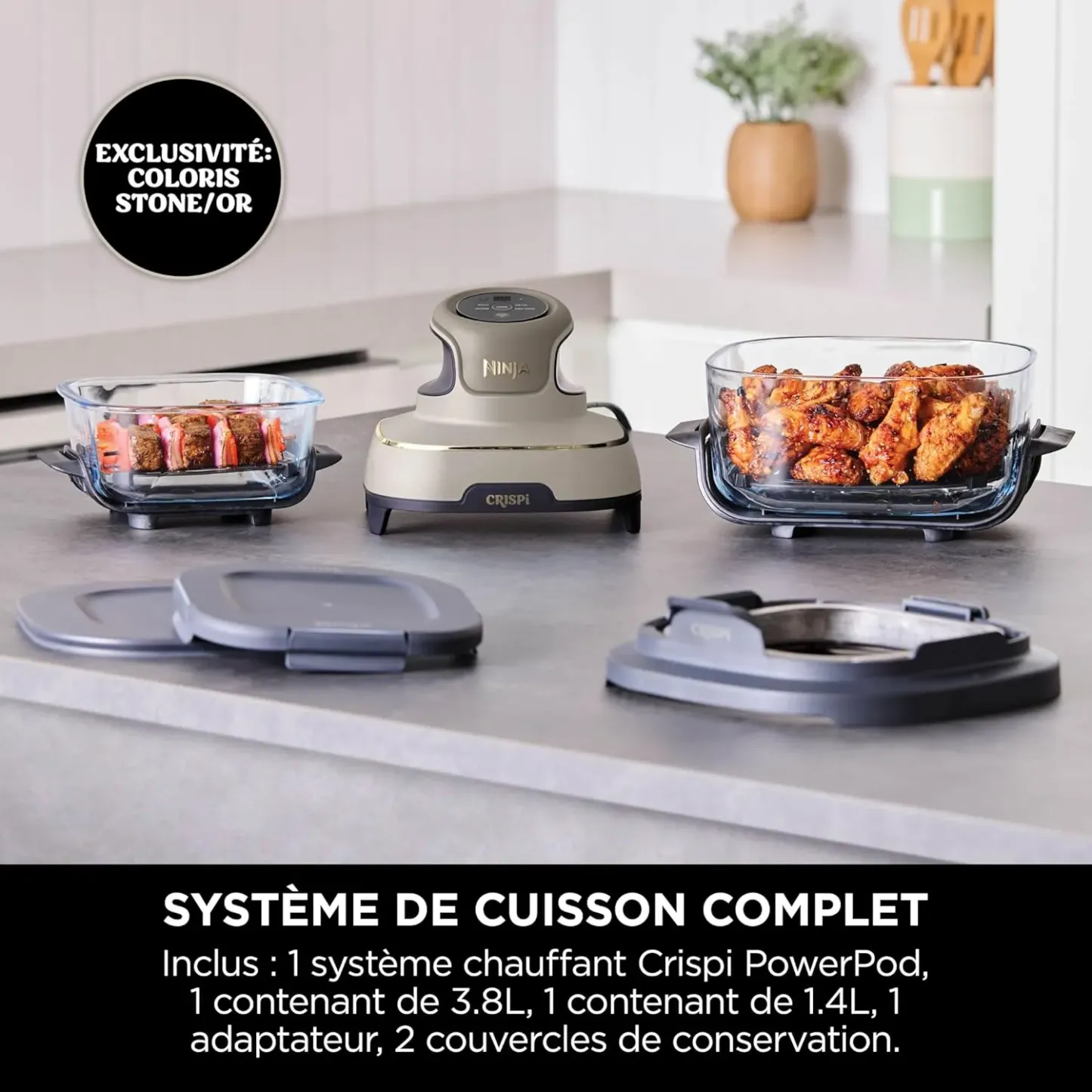 Ninja CRISPi Friteuse sans huile portable, 3,8L, 4-en-1 : Frire sans huile, Rôtir, Garder au chaud, Recroustiller, Design compact, 2 récipients avec couvercles, 1 700 W, Stone/or FN101EUSTGD