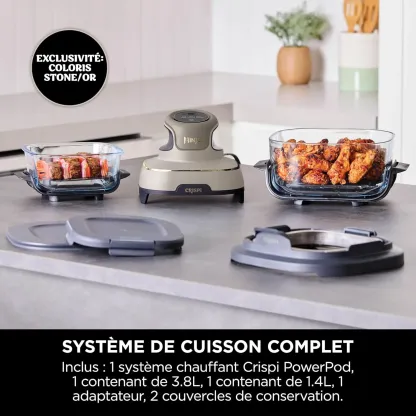 Ninja CRISPi Friteuse sans huile portable, 3,8L, 4-en-1 : Frire sans huile, Rôtir, Garder au chaud, Recroustiller, Design compact, 2 récipients avec couvercles, 1 700 W, Stone/or FN101EUSTGD