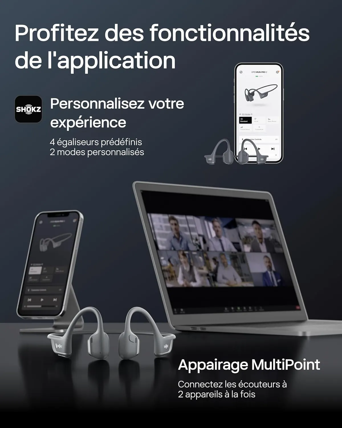 SHOKZ Casque à Conduction Osseuse OpenRun Pro 2, Écouteurs sans Fil Bluetooth 5.3, Microphones Réducteurs de Bruit, Étanchéité IP55, 12h d'Autonomie, Charge Rapide USB-C, Noir