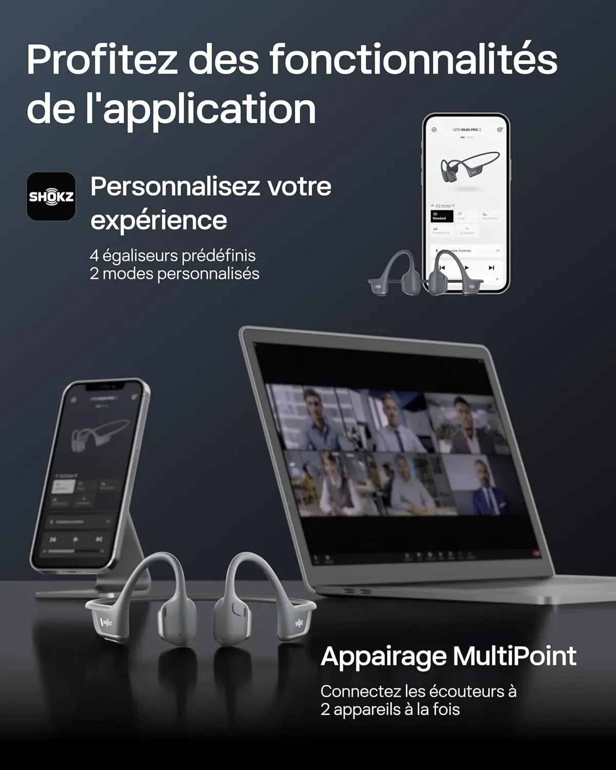 SHOKZ Casque à Conduction Osseuse OpenRun Pro 2, Écouteurs sans Fil Bluetooth 5.3, Microphones Réducteurs de Bruit, Étanchéité IP55, 12h d'Autonomie, Charge Rapide USB-C, Noir