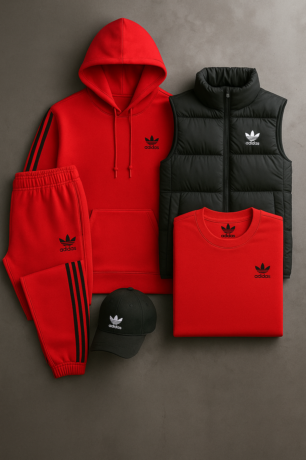 Ensemble 5 Pièces Homme – Sweat à Capuche, Gilet Matelassé, T-Shirt, Pantalon Jogging et Casquette | Confort Sport & Style Quotidien
