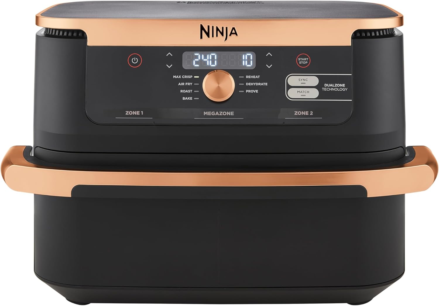 Ninja Foodi MAX Dual Zone Air Fryer, Amazon Exclusive, Tongs, 2 Drawers, 9.5L, 6-in-1, Use No Oil, Air Fry, Max Crisp, Roast, Bake, 8 Portions, Nonstick Dishwasher Safe Baskets, Copper/Black AF400UKCP