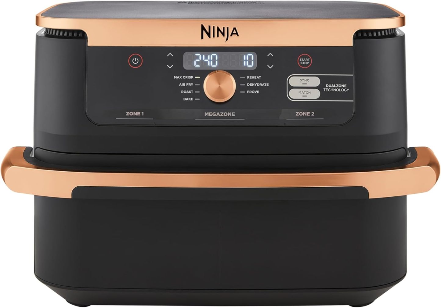 Ninja Foodi MAX Dual Zone Air Fryer, Amazon Exclusive, Tongs, 2 Drawers, 9.5L, 6-in-1, Use No Oil, Air Fry, Max Crisp, Roast, Bake, 8 Portions, Nonstick Dishwasher Safe Baskets, Copper/Black AF400UKCP