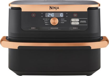 Ninja Foodi MAX Dual Zone Air Fryer, Amazon Exclusive, Tongs, 2 Drawers, 9.5L, 6-in-1, Use No Oil, Air Fry, Max Crisp, Roast, Bake, 8 Portions, Nonstick Dishwasher Safe Baskets, Copper/Black AF400UKCP