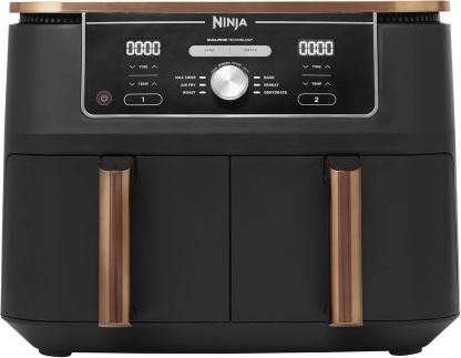 Ninja Foodi MAX Dual Zone Air Fryer, Amazon Exclusive, Tongs, 2 Drawers, 9.5L, 6-in-1, Use No Oil, Air Fry, Max Crisp, Roast, Bake, 8 Portions, Nonstick Dishwasher Safe Baskets, Copper/Black AF400UKCP