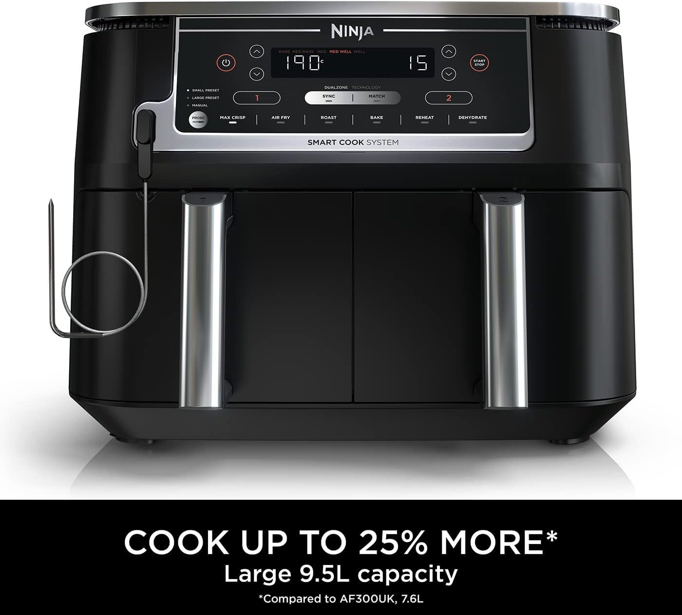 Ninja Foodi MAX Dual Zone Air Fryer, Amazon Exclusive, Tongs, 2 Drawers, 9.5L, 6-in-1, Use No Oil, Air Fry, Max Crisp, Roast, Bake, 8 Portions, Nonstick Dishwasher Safe Baskets, Copper/Black AF400UKCP