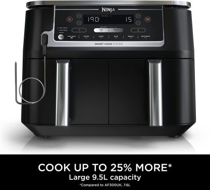 Ninja Foodi MAX Dual Zone Air Fryer, Amazon Exclusive, Tongs, 2 Drawers, 9.5L, 6-in-1, Use No Oil, Air Fry, Max Crisp, Roast, Bake, 8 Portions, Nonstick Dishwasher Safe Baskets, Copper/Black AF400UKCP