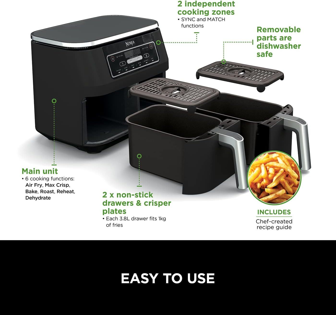 Ninja Foodi MAX Dual Zone Air Fryer, Amazon Exclusive, Tongs, 2 Drawers, 9.5L, 6-in-1, Use No Oil, Air Fry, Max Crisp, Roast, Bake, 8 Portions, Nonstick Dishwasher Safe Baskets, Copper/Black AF400UKCP