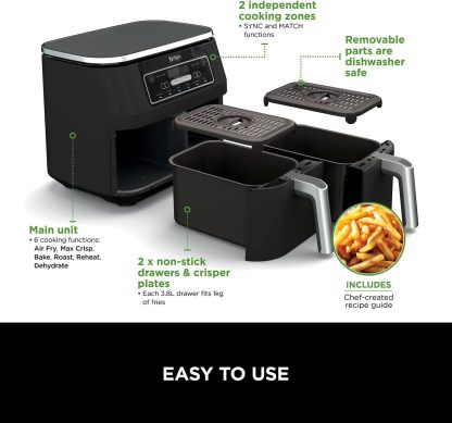 Ninja Foodi MAX Dual Zone Air Fryer, Amazon Exclusive, Tongs, 2 Drawers, 9.5L, 6-in-1, Use No Oil, Air Fry, Max Crisp, Roast, Bake, 8 Portions, Nonstick Dishwasher Safe Baskets, Copper/Black AF400UKCP