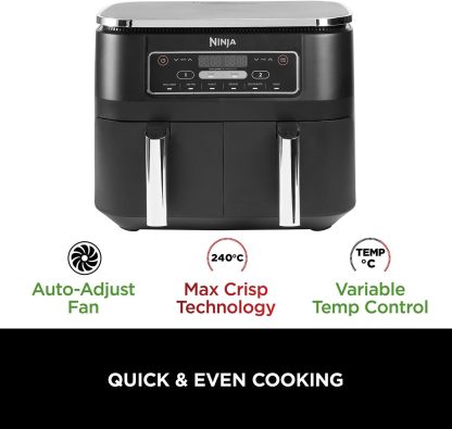 Ninja Foodi MAX Dual Zone Air Fryer, Amazon Exclusive, Tongs, 2 Drawers, 9.5L, 6-in-1, Use No Oil, Air Fry, Max Crisp, Roast, Bake, 8 Portions, Nonstick Dishwasher Safe Baskets, Copper/Black AF400UKCP