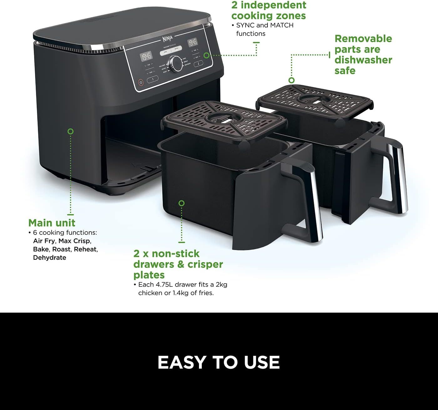 Ninja Foodi MAX Dual Zone Air Fryer, Amazon Exclusive, Tongs, 2 Drawers, 9.5L, 6-in-1, Use No Oil, Air Fry, Max Crisp, Roast, Bake, 8 Portions, Nonstick Dishwasher Safe Baskets, Copper/Black AF400UKCP