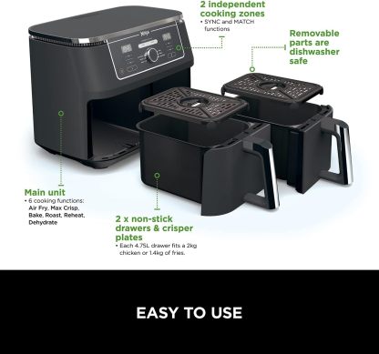 Ninja Foodi MAX Dual Zone Air Fryer, Amazon Exclusive, Tongs, 2 Drawers, 9.5L, 6-in-1, Use No Oil, Air Fry, Max Crisp, Roast, Bake, 8 Portions, Nonstick Dishwasher Safe Baskets, Copper/Black AF400UKCP