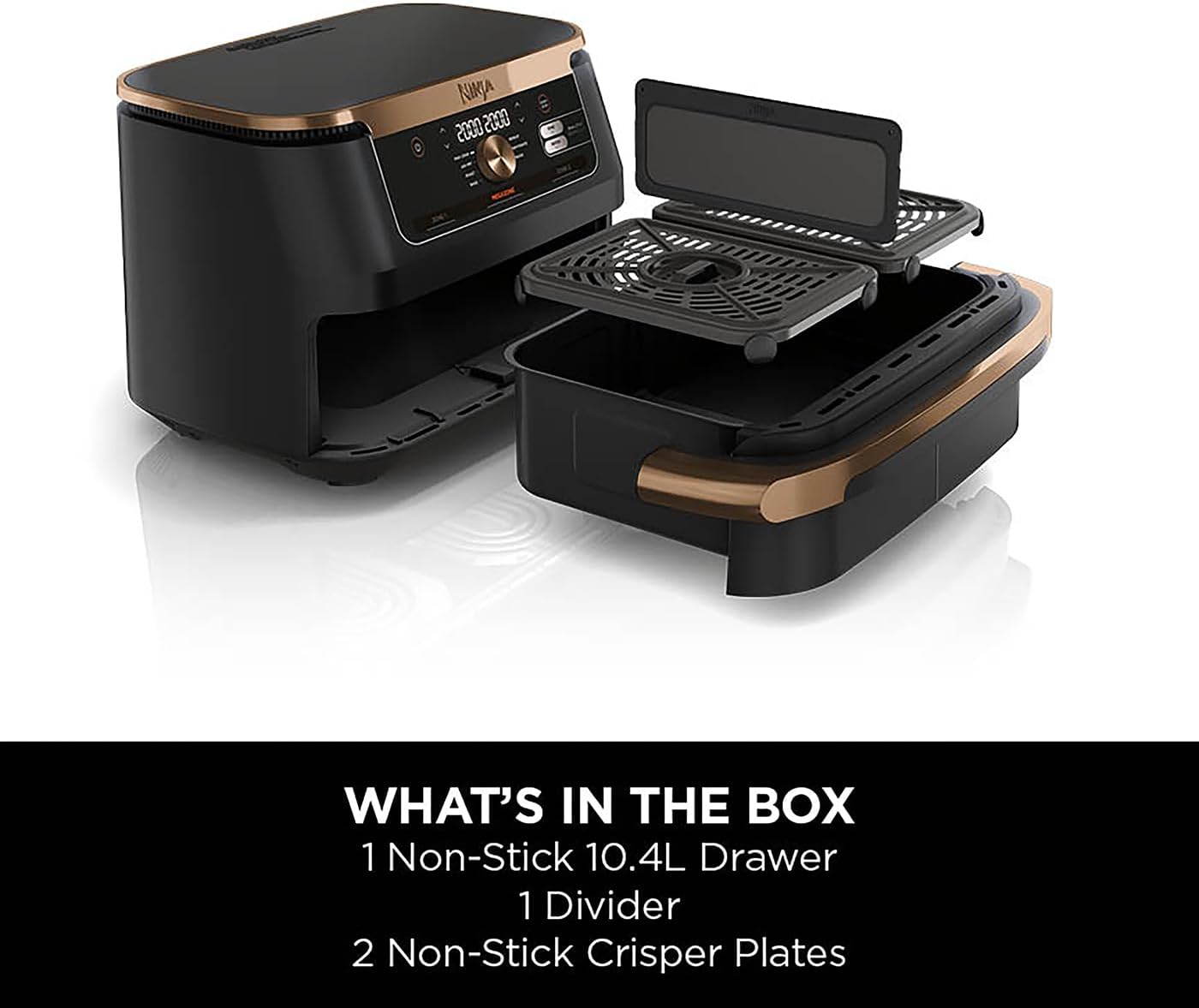 Ninja Foodi MAX Dual Zone Air Fryer, Amazon Exclusive, Tongs, 2 Drawers, 9.5L, 6-in-1, Use No Oil, Air Fry, Max Crisp, Roast, Bake, 8 Portions, Nonstick Dishwasher Safe Baskets, Copper/Black AF400UKCP
