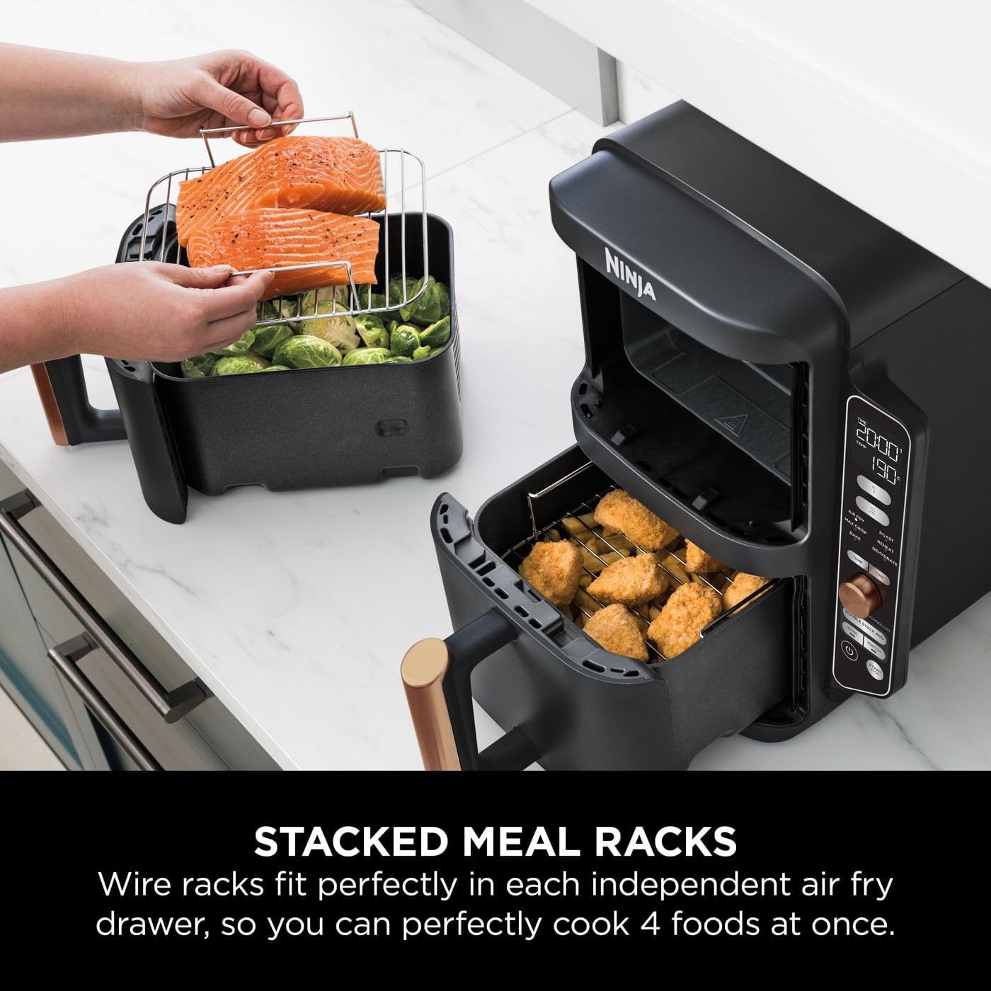 Ninja Foodi MAX Dual Zone Air Fryer, Amazon Exclusive, Tongs, 2 Drawers, 9.5L, 6-in-1, Use No Oil, Air Fry, Max Crisp, Roast, Bake, 8 Portions, Nonstick Dishwasher Safe Baskets, Copper/Black AF400UKCP