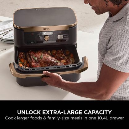 Ninja Foodi MAX Dual Zone Air Fryer, Amazon Exclusive, Tongs, 2 Drawers, 9.5L, 6-in-1, Use No Oil, Air Fry, Max Crisp, Roast, Bake, 8 Portions, Nonstick Dishwasher Safe Baskets, Copper/Black AF400UKCP