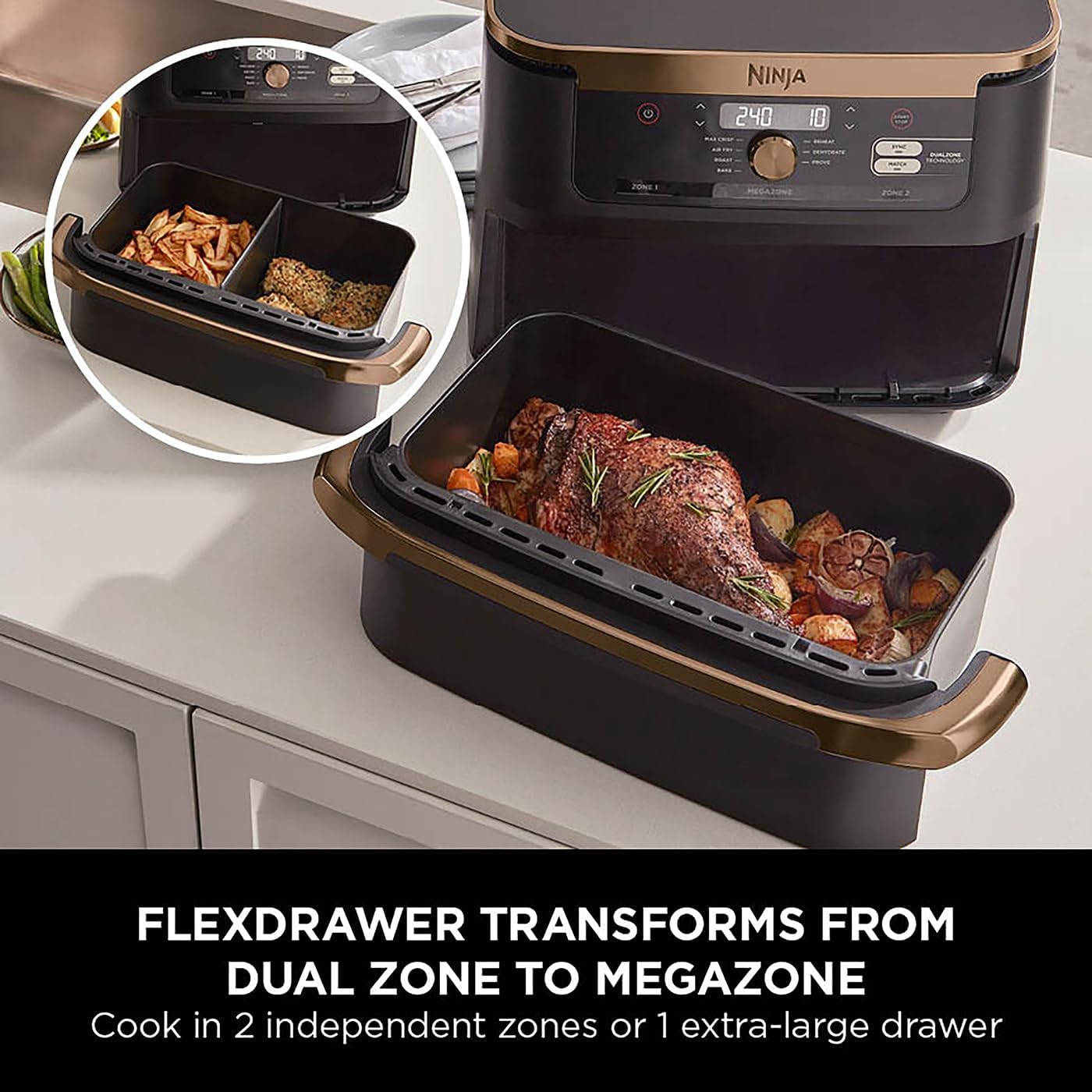 Ninja Foodi MAX Dual Zone Air Fryer, Amazon Exclusive, Tongs, 2 Drawers, 9.5L, 6-in-1, Use No Oil, Air Fry, Max Crisp, Roast, Bake, 8 Portions, Nonstick Dishwasher Safe Baskets, Copper/Black AF400UKCP