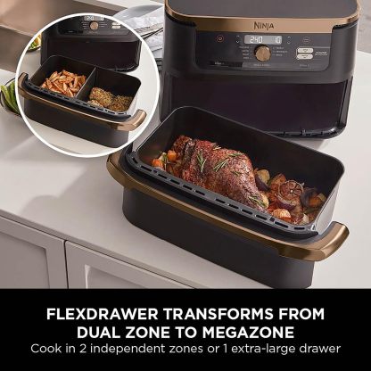 Ninja Foodi MAX Dual Zone Air Fryer, Amazon Exclusive, Tongs, 2 Drawers, 9.5L, 6-in-1, Use No Oil, Air Fry, Max Crisp, Roast, Bake, 8 Portions, Nonstick Dishwasher Safe Baskets, Copper/Black AF400UKCP