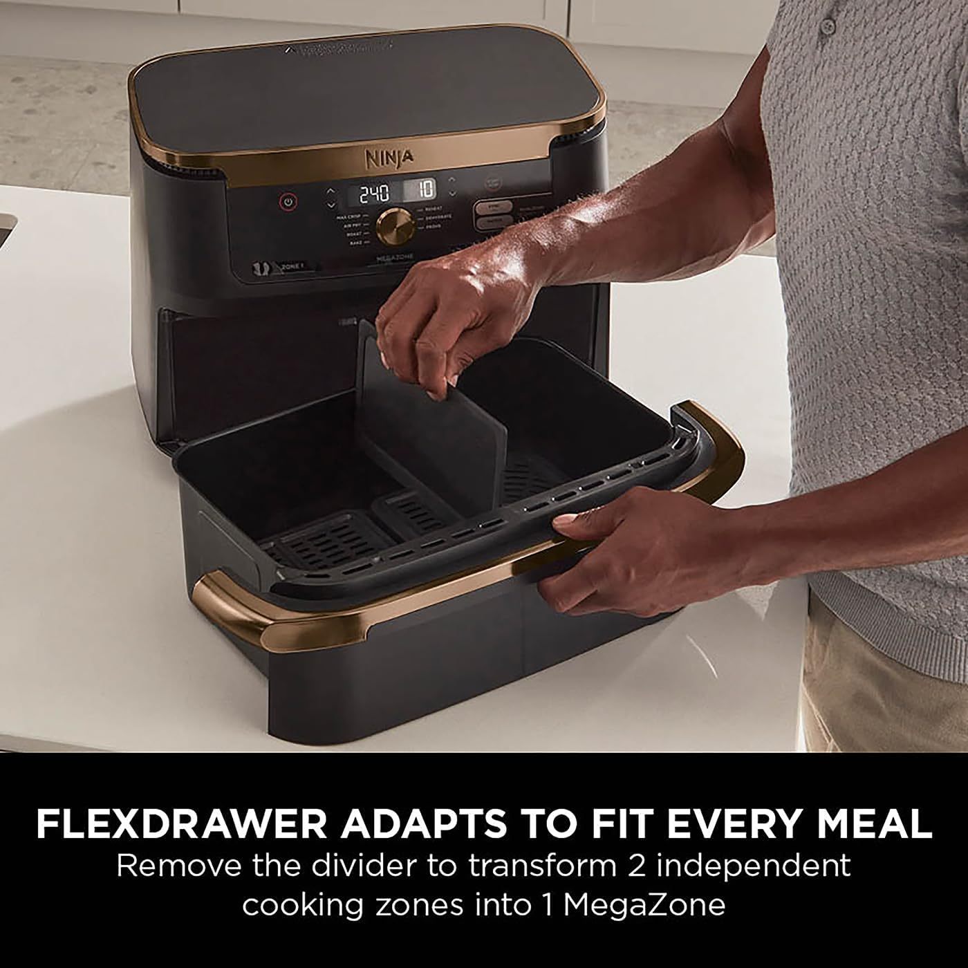 Ninja Foodi MAX Dual Zone Air Fryer, Amazon Exclusive, Tongs, 2 Drawers, 9.5L, 6-in-1, Use No Oil, Air Fry, Max Crisp, Roast, Bake, 8 Portions, Nonstick Dishwasher Safe Baskets, Copper/Black AF400UKCP