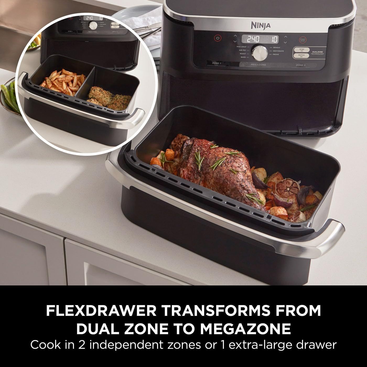 Ninja Foodi MAX Dual Zone Air Fryer, Amazon Exclusive, Tongs, 2 Drawers, 9.5L, 6-in-1, Use No Oil, Air Fry, Max Crisp, Roast, Bake, 8 Portions, Nonstick Dishwasher Safe Baskets, Copper/Black AF400UKCP