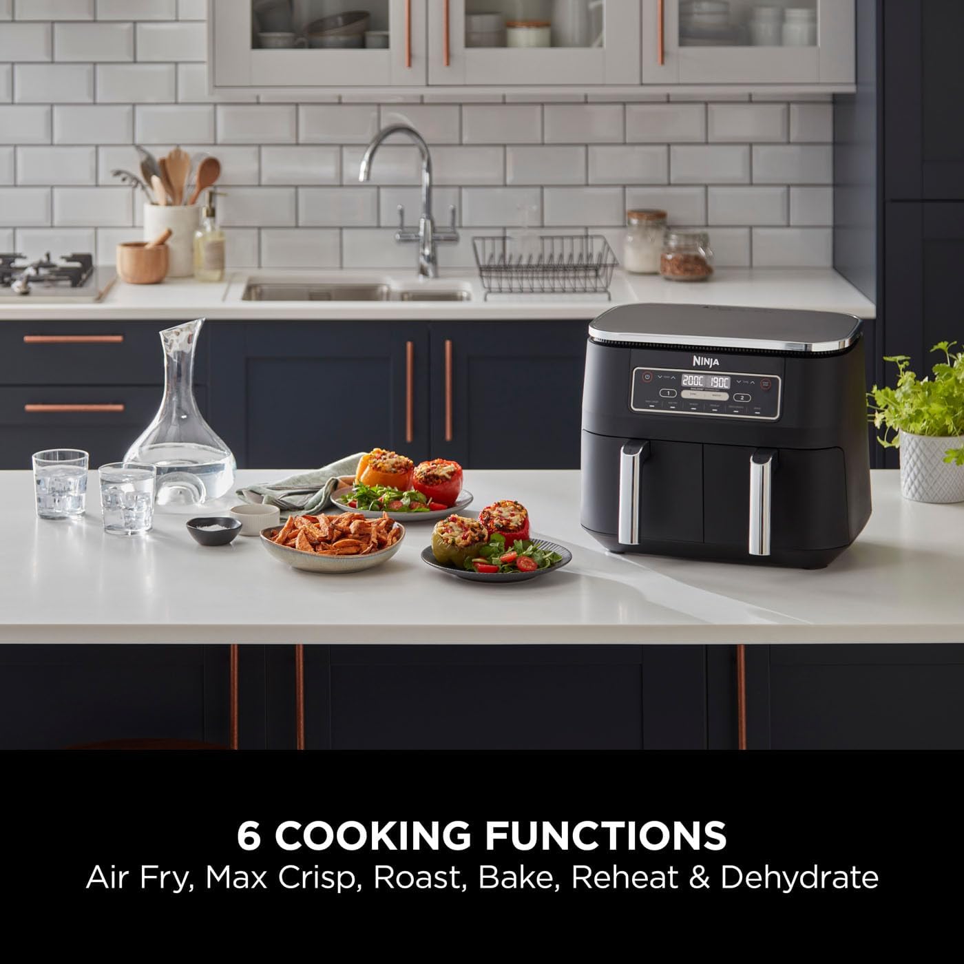 Ninja Foodi MAX Dual Zone Air Fryer, Amazon Exclusive, Tongs, 2 Drawers, 9.5L, 6-in-1, Use No Oil, Air Fry, Max Crisp, Roast, Bake, 8 Portions, Nonstick Dishwasher Safe Baskets, Copper/Black AF400UKCP