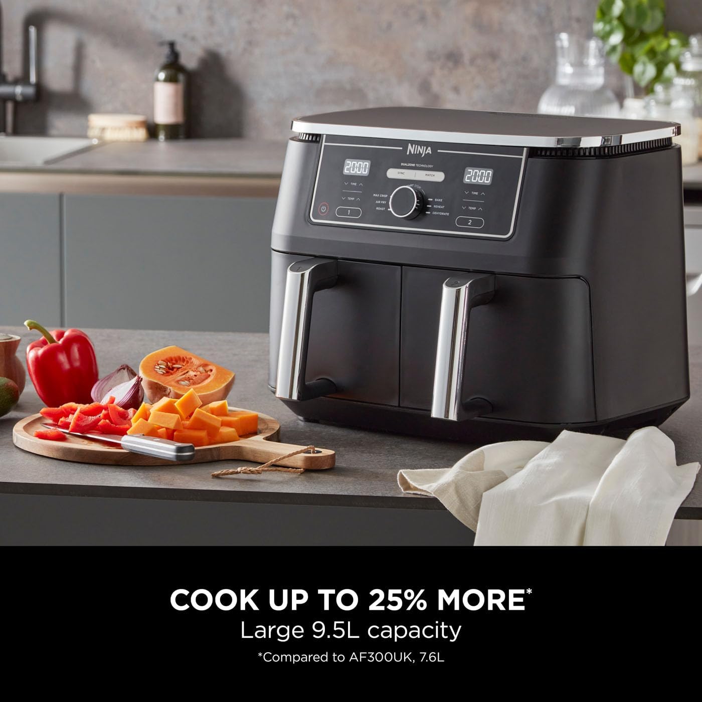 Ninja Foodi MAX Dual Zone Air Fryer, Amazon Exclusive, Tongs, 2 Drawers, 9.5L, 6-in-1, Use No Oil, Air Fry, Max Crisp, Roast, Bake, 8 Portions, Nonstick Dishwasher Safe Baskets, Copper/Black AF400UKCP