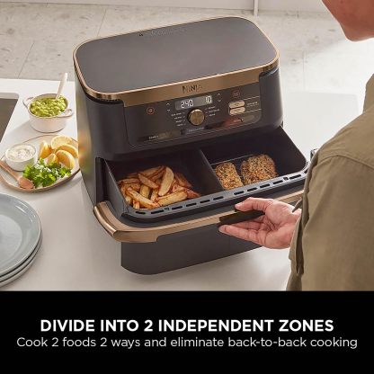 Ninja Foodi MAX Dual Zone Air Fryer, Amazon Exclusive, Tongs, 2 Drawers, 9.5L, 6-in-1, Use No Oil, Air Fry, Max Crisp, Roast, Bake, 8 Portions, Nonstick Dishwasher Safe Baskets, Copper/Black AF400UKCP