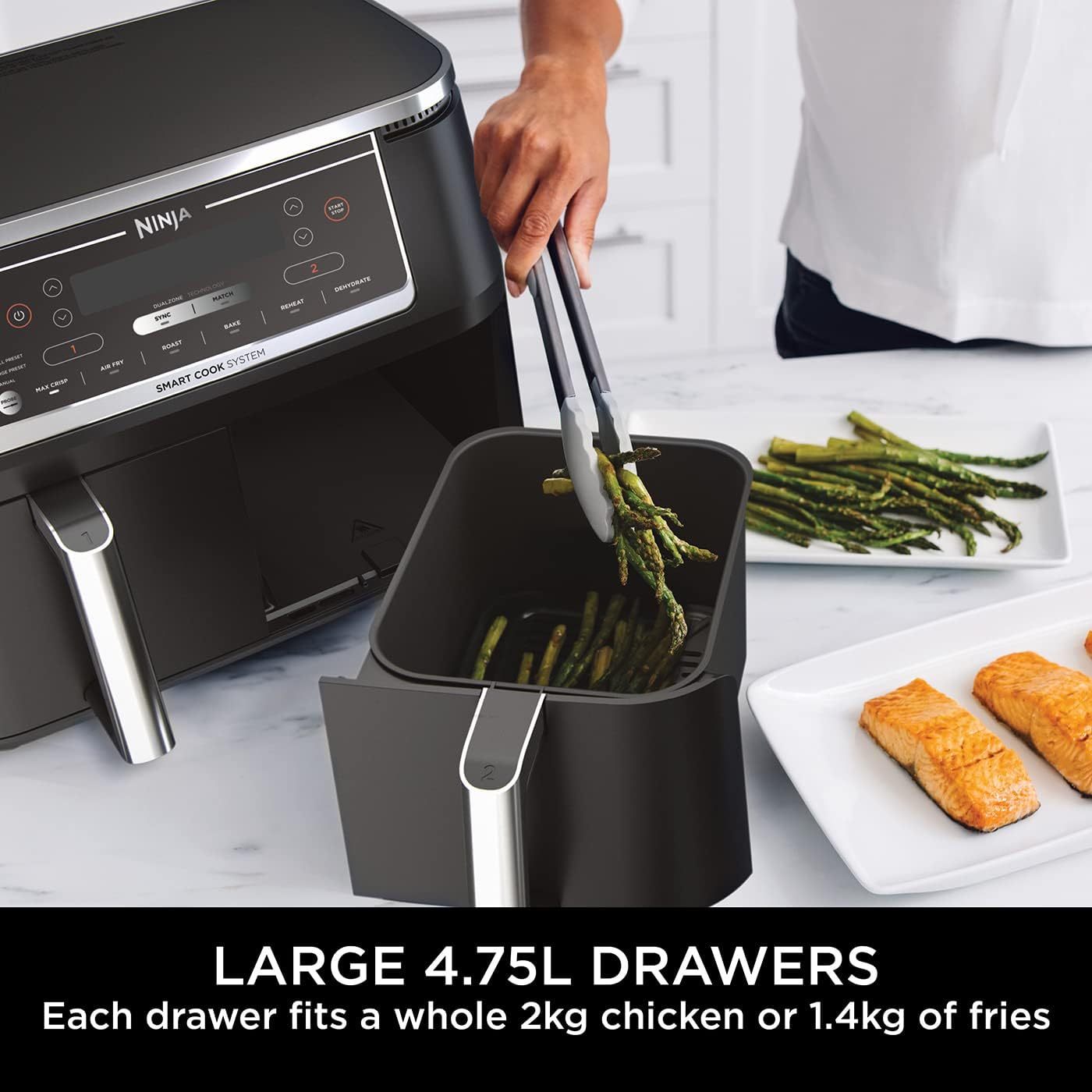 Ninja Foodi MAX Dual Zone Air Fryer, Amazon Exclusive, Tongs, 2 Drawers, 9.5L, 6-in-1, Use No Oil, Air Fry, Max Crisp, Roast, Bake, 8 Portions, Nonstick Dishwasher Safe Baskets, Copper/Black AF400UKCP
